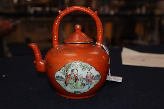 A Chinese coral ground famille rose teapot, late 19th century, H. 13cm